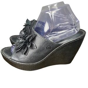 Born Black Leather Flower Wedge Sandals Slides Womens‎ Shoes Size 9